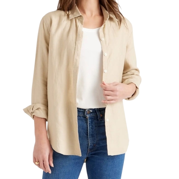 Quince Linen Button Down Long Sleeve Shirt Breathable Relaxed Driftwood Beige XS - Picture 1 of 9